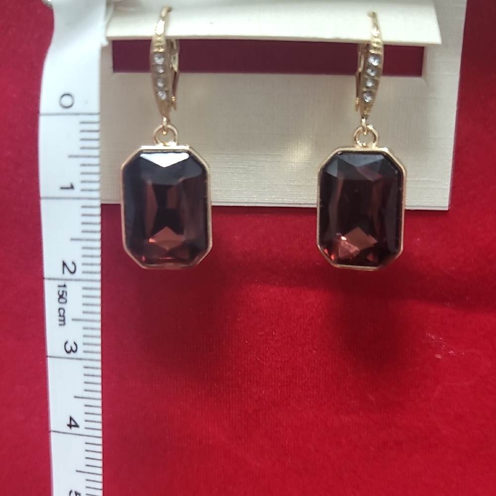 Tahari Gold-Tone Dark Burgundy Emerald-Cut Crystal Drop Earrings - Picture 5 of 11